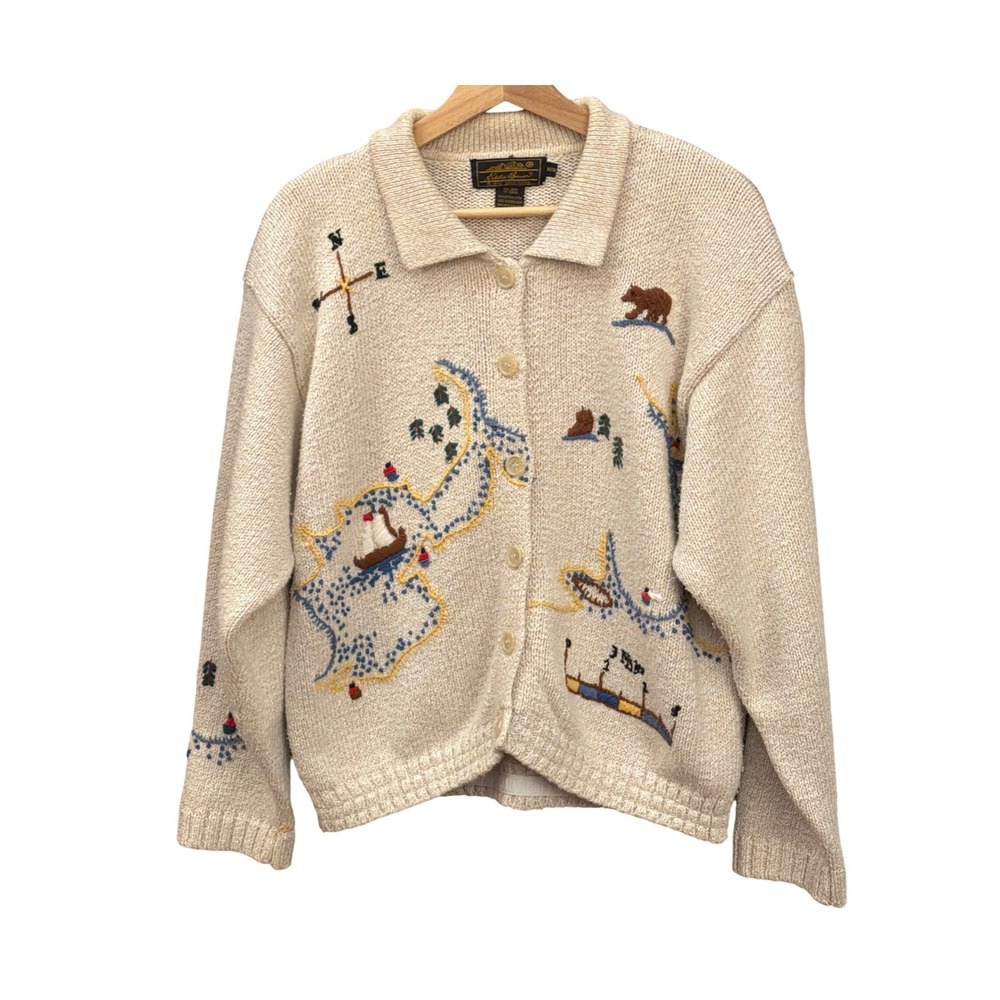 1993 Eddie Bauer Cardigan Sweater Map Embroidered Gorpcore Cabin Core Nautical